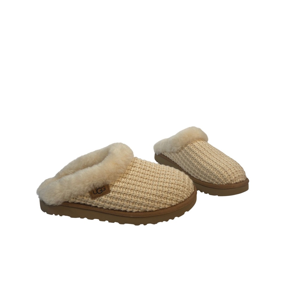 UGG Cluggette Cozy Knit Slipper Womens 11 Sand Cream Sheepskin Lining